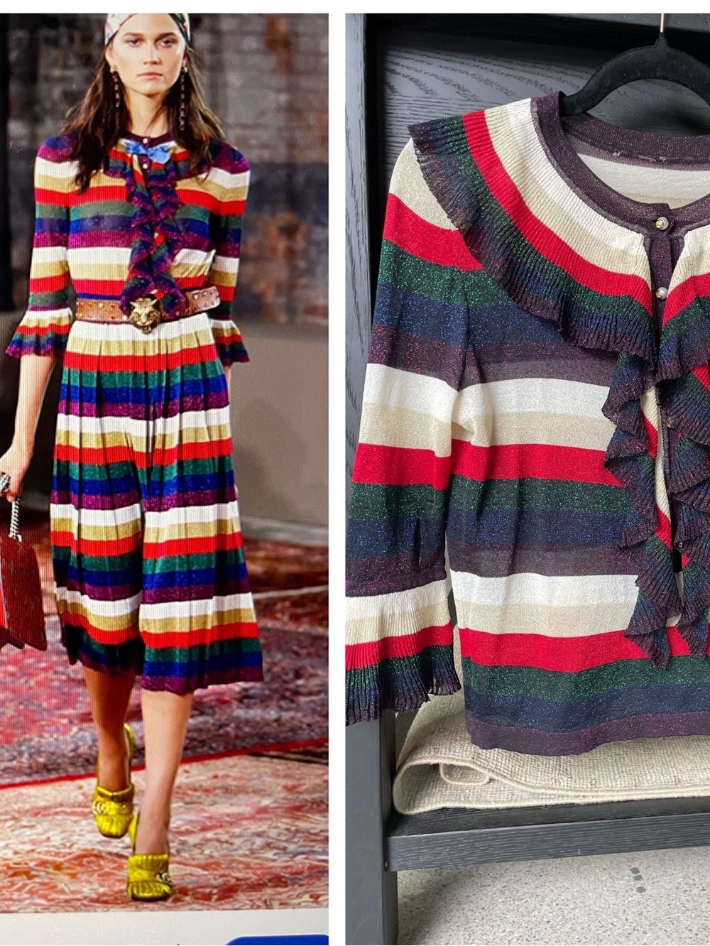 Vtg GUCCI 2016 resort sz M Striped Ruffle-Front Knit Top sheer metallic